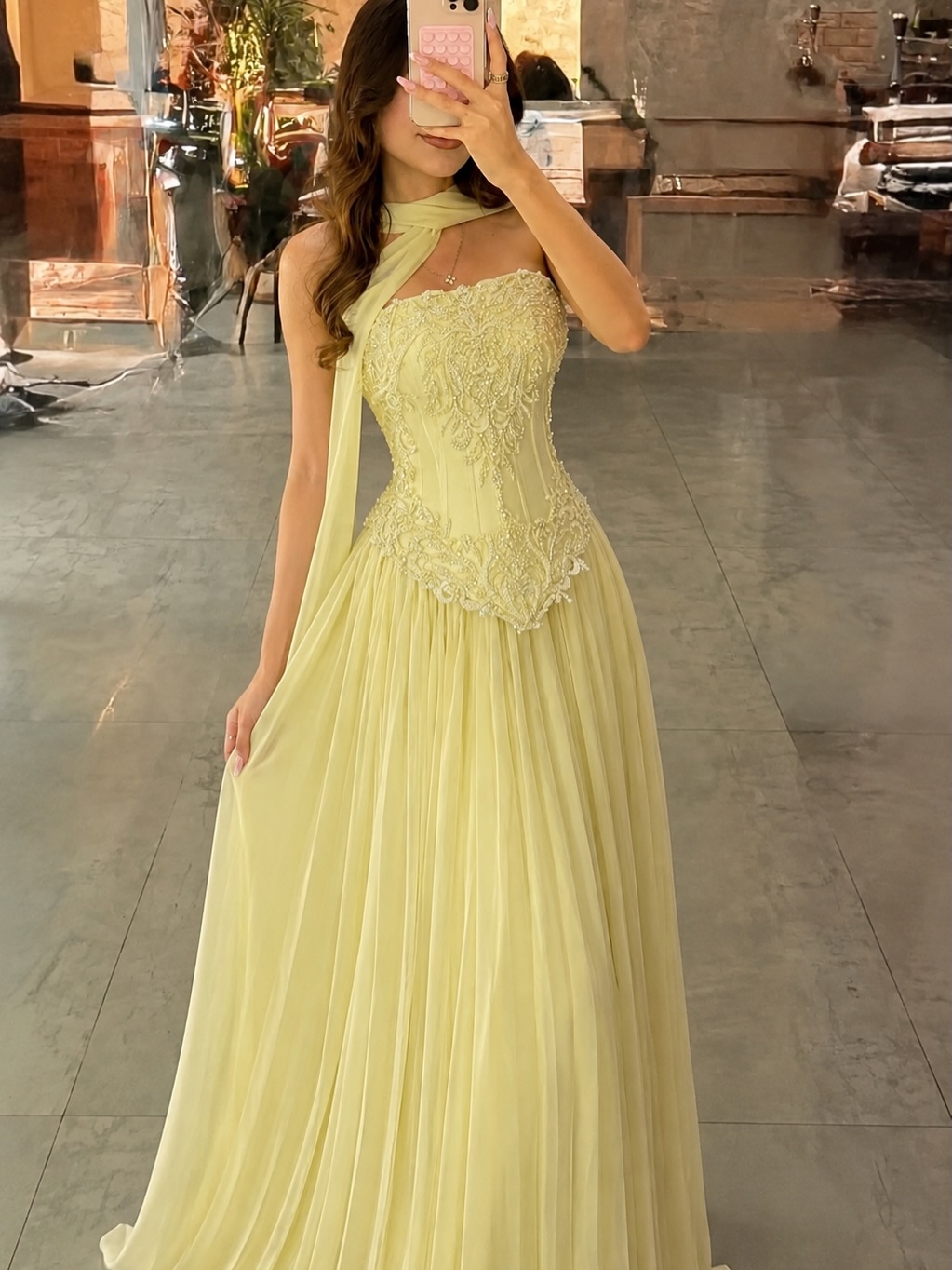 Gaun pesta korset renda kuning - Embroidery Yellow Dress ulasan dan harga